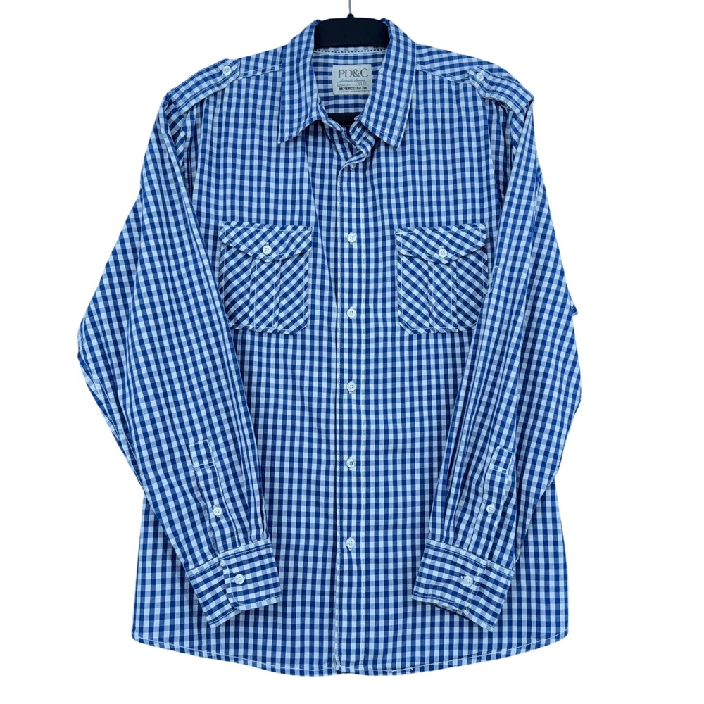 PD&C Utility Button Down Mens‎ XL 100% Cotton Gingham Blue White